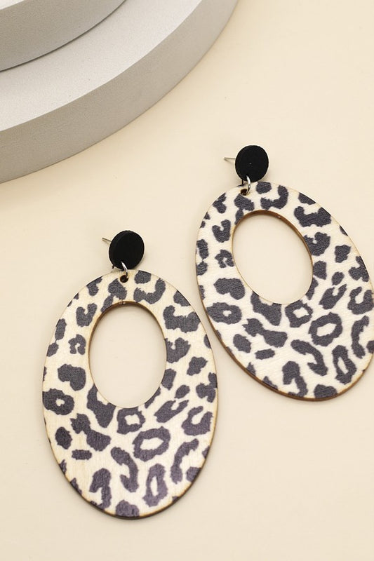 Wood Leopard Open Oval Earring - Black